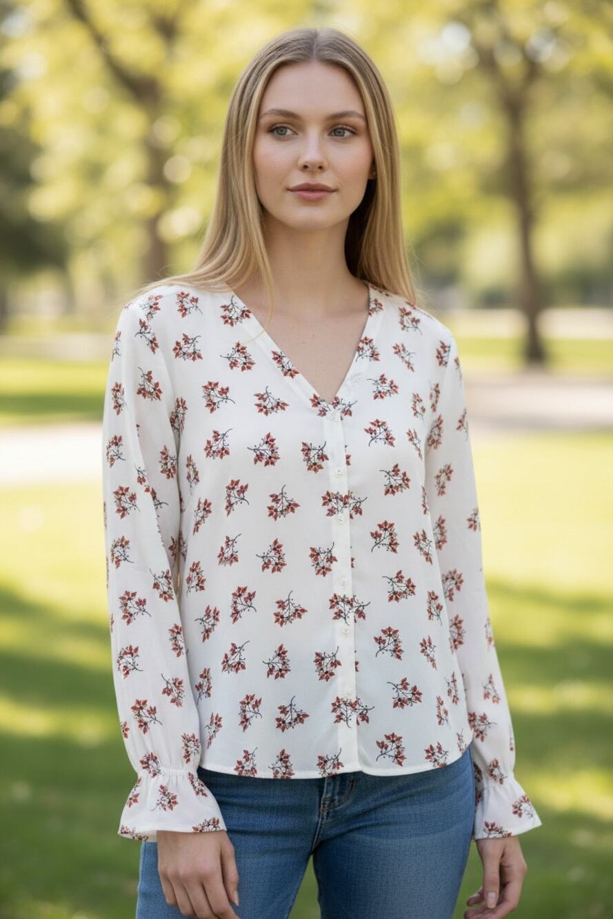 ANN TAYLOR LOFT Top Size M White w/ Orange Tan Flowers Floral Fall